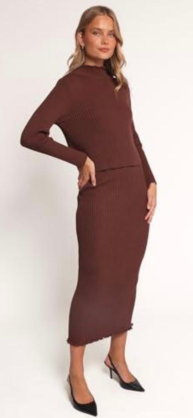 Petal & Pup Payton Womens XS Chocolate Brown Ribbed Knit Top Midi Skirt Set NWT